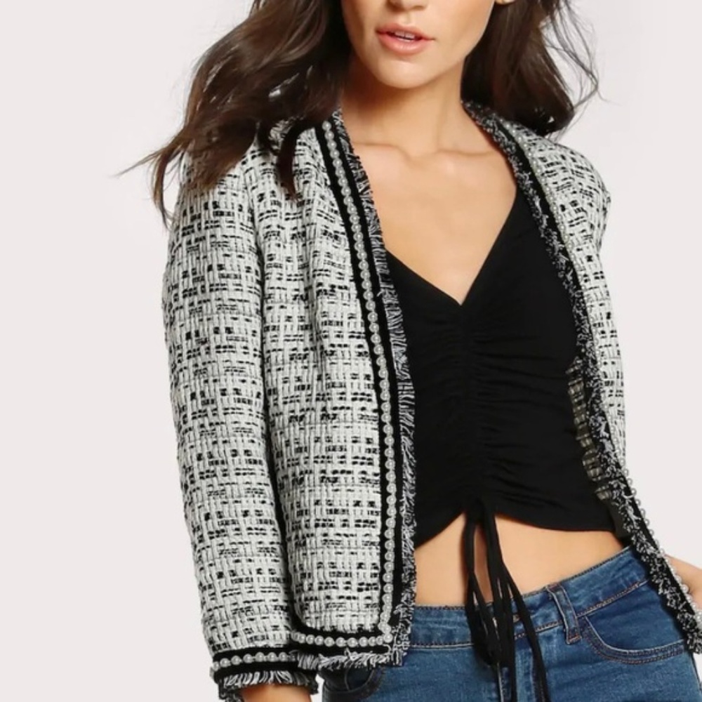 Shein Tweed Ivory & Black Pearl Blazer S